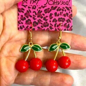 NWT. Betsey Johnson. Gold Tone Enameled Red /Green Cherry Stud Earrings.